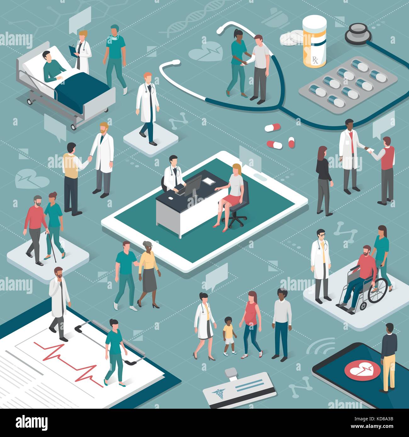Les médecins et les infirmières en prenant soin des patients et la connexion ensemble en ligne : santé et technologie concept Illustration de Vecteur