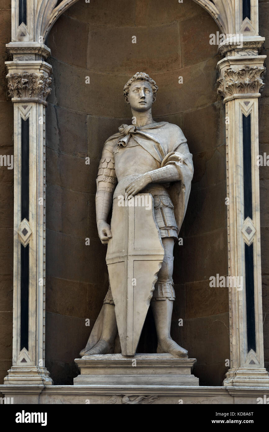 Saint George (Guilde des Armuriers et Swordmakers) 1417 par Donatello façade de l'Orsanmichele ( ou Cuisine Jardin de Saint Michel ) est une église de Florence ( en 1336 en tant que marché et zone de stockage du grain, comme sur commission de l'Union européenne en soie Soie (Guilde). Banque D'Images