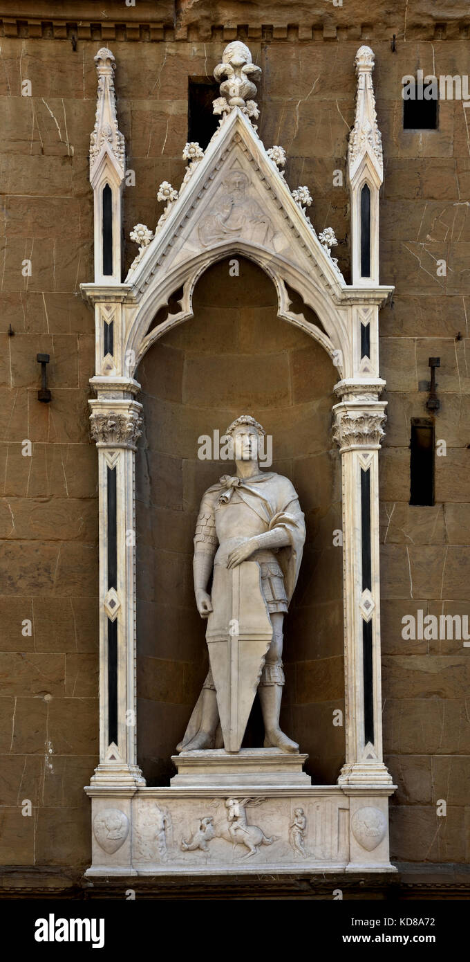Saint George (Guilde des Armuriers et Swordmakers) 1417 par Donatello façade de l'Orsanmichele ( ou Cuisine Jardin de Saint Michel ) est une église de Florence ( en 1336 en tant que marché et zone de stockage du grain, comme sur commission de l'Union européenne en soie Soie (Guilde). Florence Italie . Banque D'Images