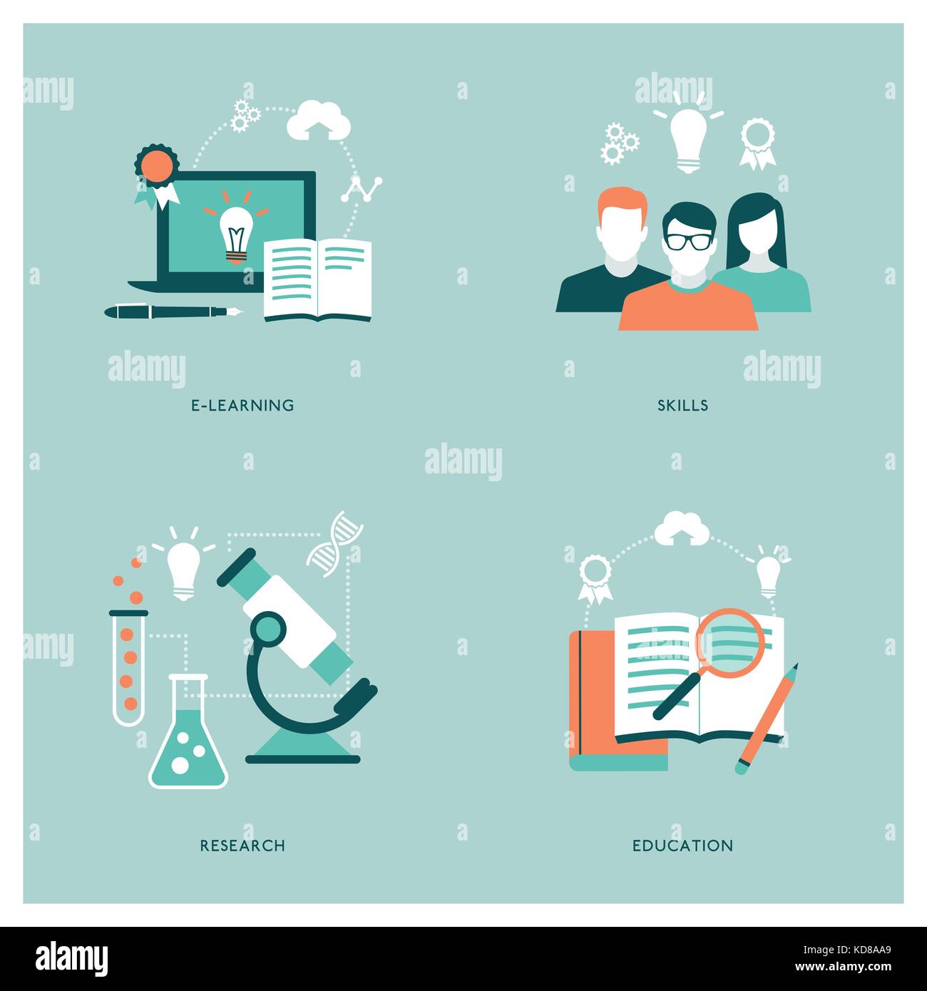 L'éducation, e-learning, les étudiants et les concepts scientifiques avec des icônes Illustration de Vecteur