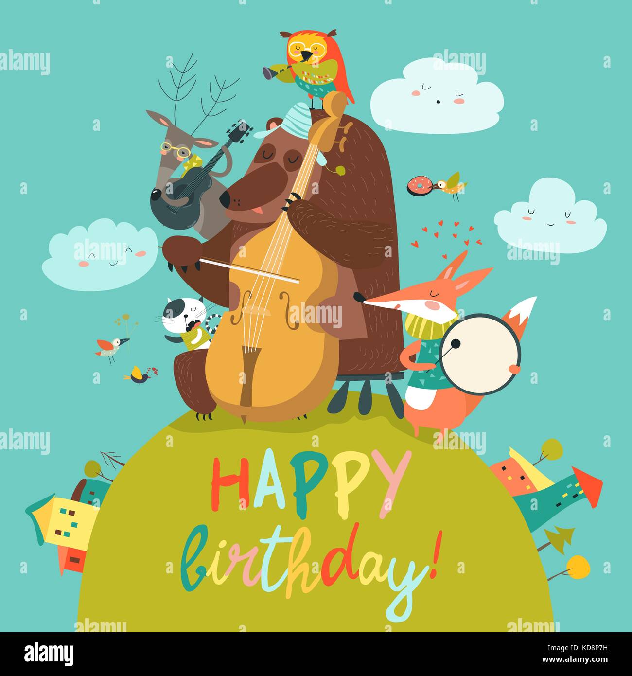 Jolie Carte D Anniversaire Avec Des Animaux Et De La Musique Image Vectorielle Stock Alamy