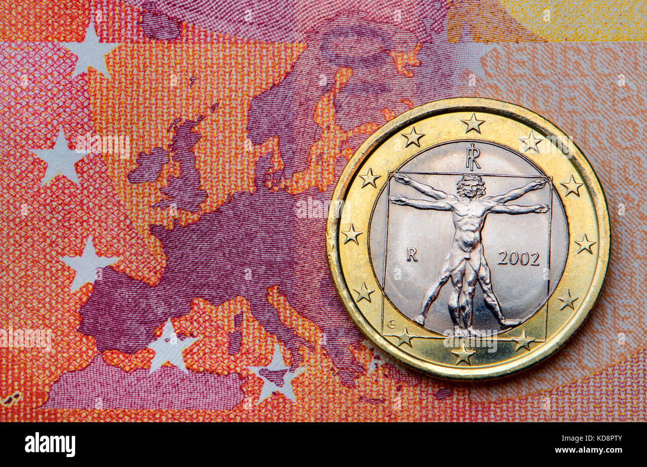 Pièce de 1 Euro italienne sur un 10 Euro note Banque D'Images