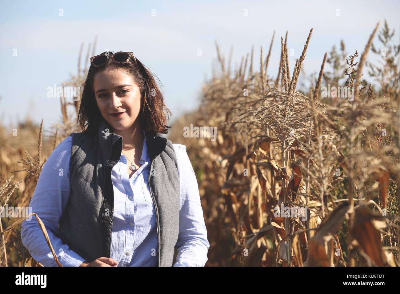 Portrait d'une jeune femme dans un champ de maïs Banque D'Images