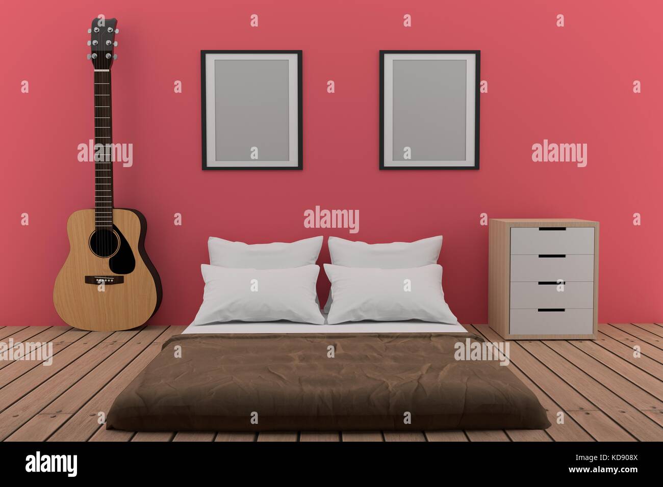Dans une chambre Rose chambre avec guitare acoustique en 3D Rendering Banque D'Images