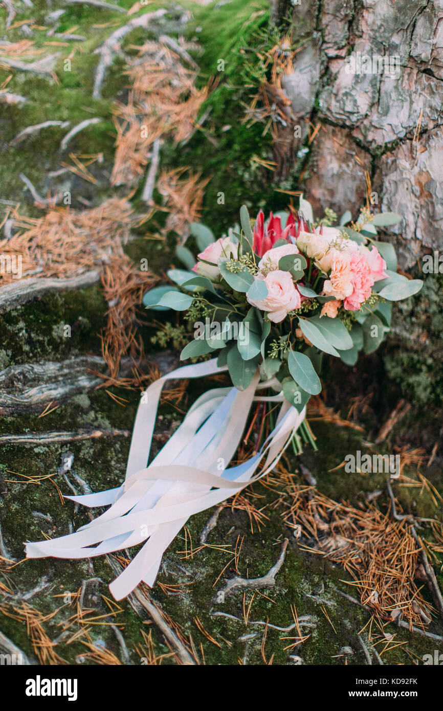 Vue rapprochée de la mariage bouquet coloré avec des rubans couchée sur l'arbre. Banque D'Images