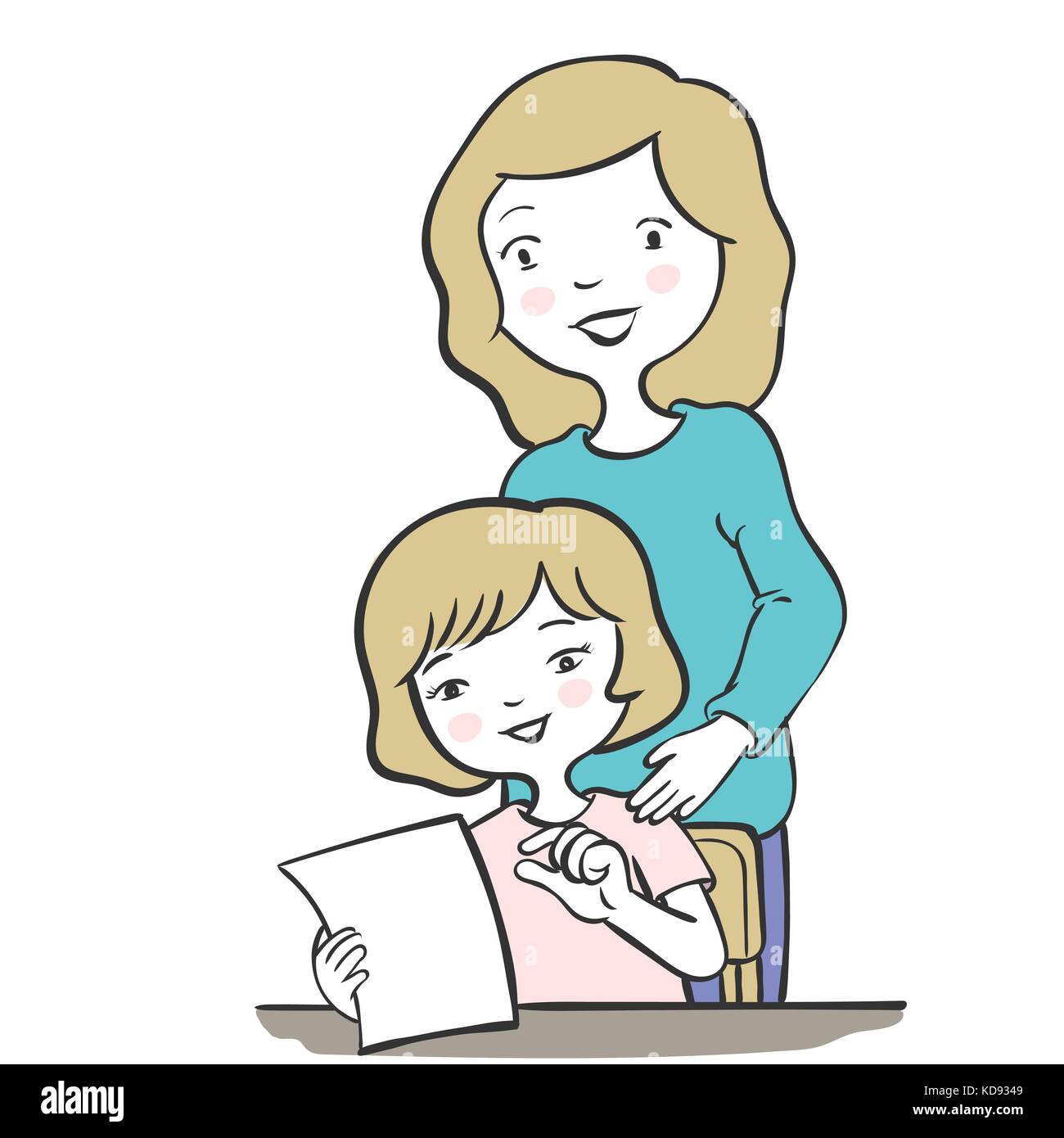 Mère fille aidant à faire leurs devoirs. pour famille heureuse. concept vector cartoon caractères isolé sur fond blanc. Illustration de Vecteur