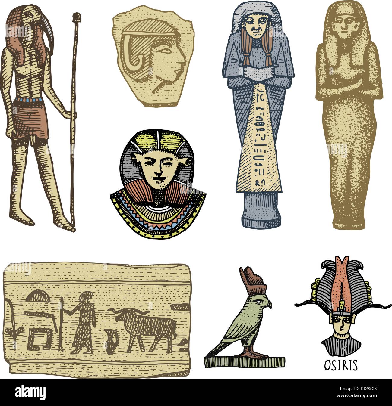 Symboles de l'Égypte, Pharaon, scorob, hiéroglyphes et tête d'Osiris, dieu  vintage, gravé à la main au croquis ou de bois coupé, de style ancien, rétro  réaliste illustration vectorielles Image Vectorielle Stock -