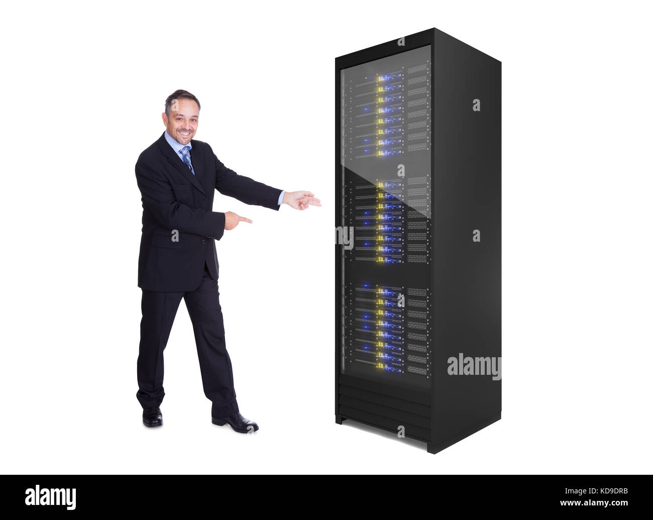 Businessman presenting server rack. Isolated on white Banque D'Images