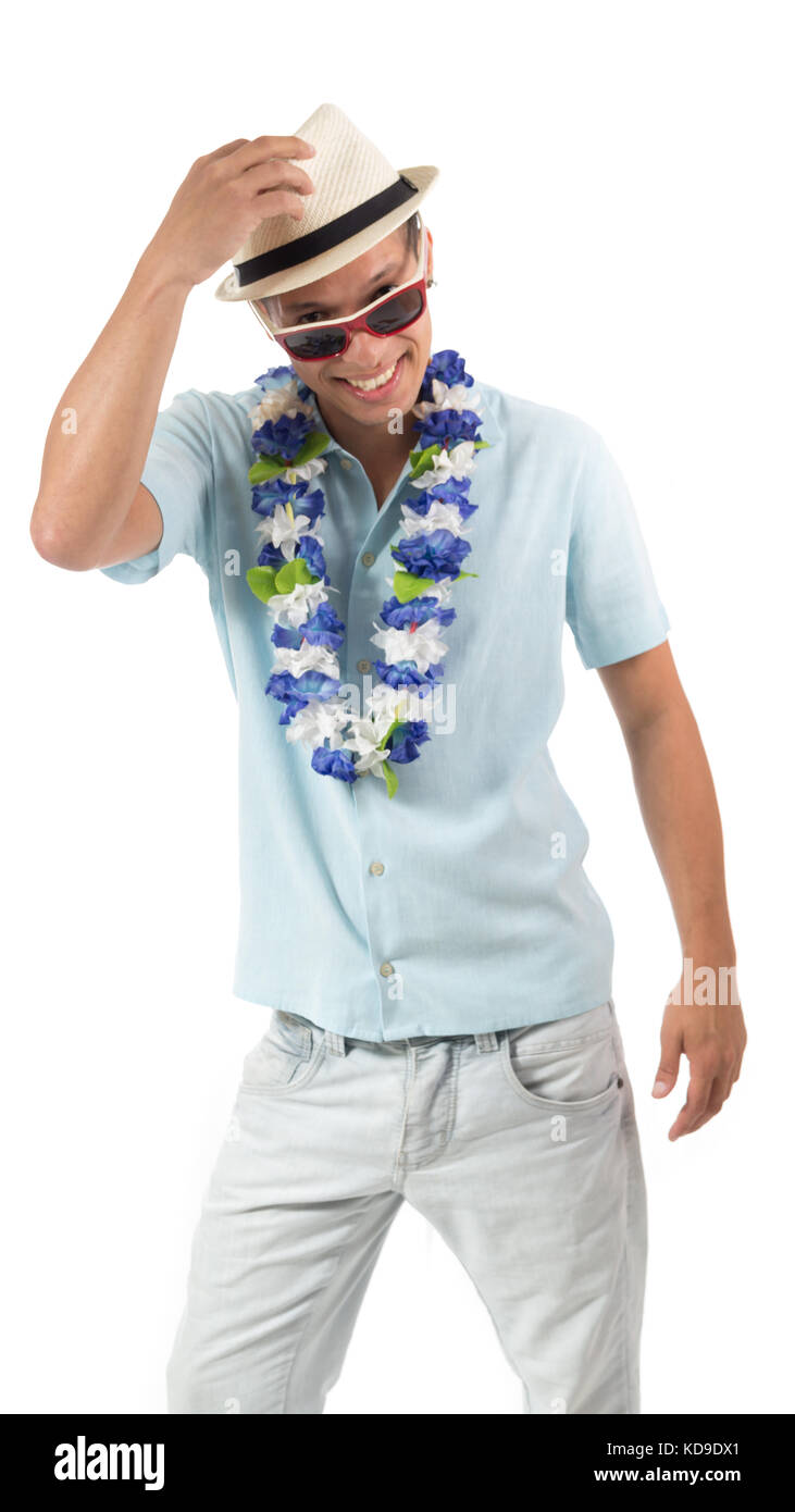 Cheerful man wearing carnival costume. Jeune homme latino-américain wearing  blue shirt. isolé sur fond blanc Photo Stock - Alamy