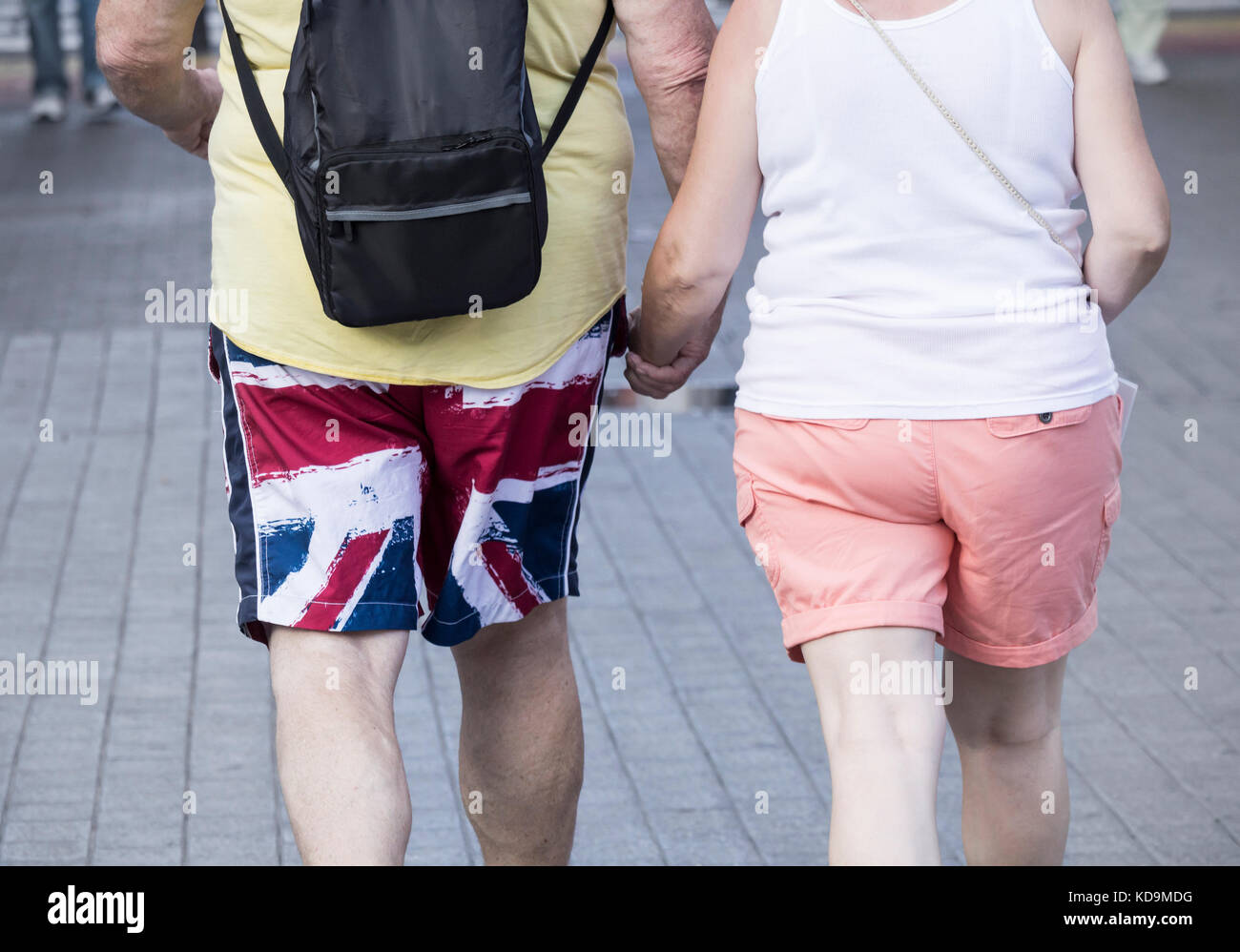 Touriste portant un short Union Jack en Espagne Banque D'Images