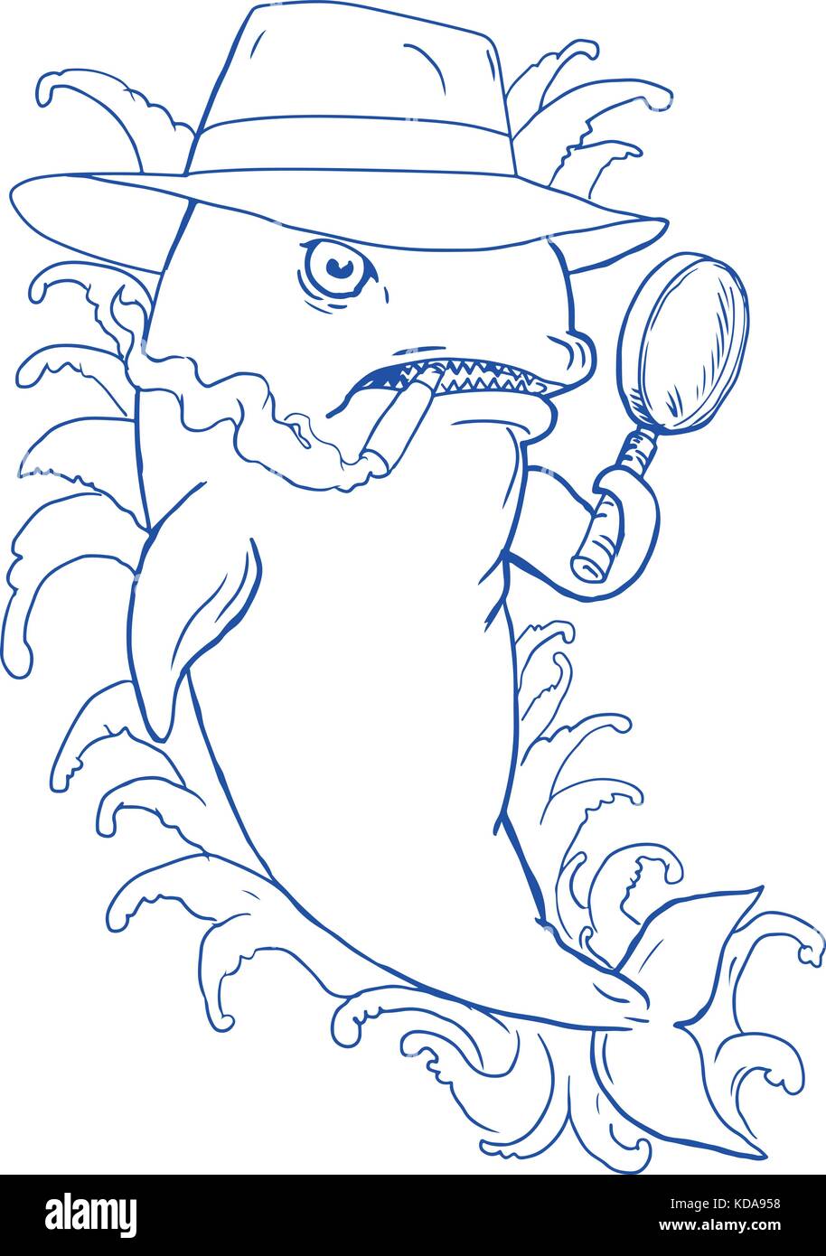 Dessin caricature cartoon style illustration d'un détective orque orque tenant une loupe , portant un chapeau fedora et fumer un cigare wit Illustration de Vecteur