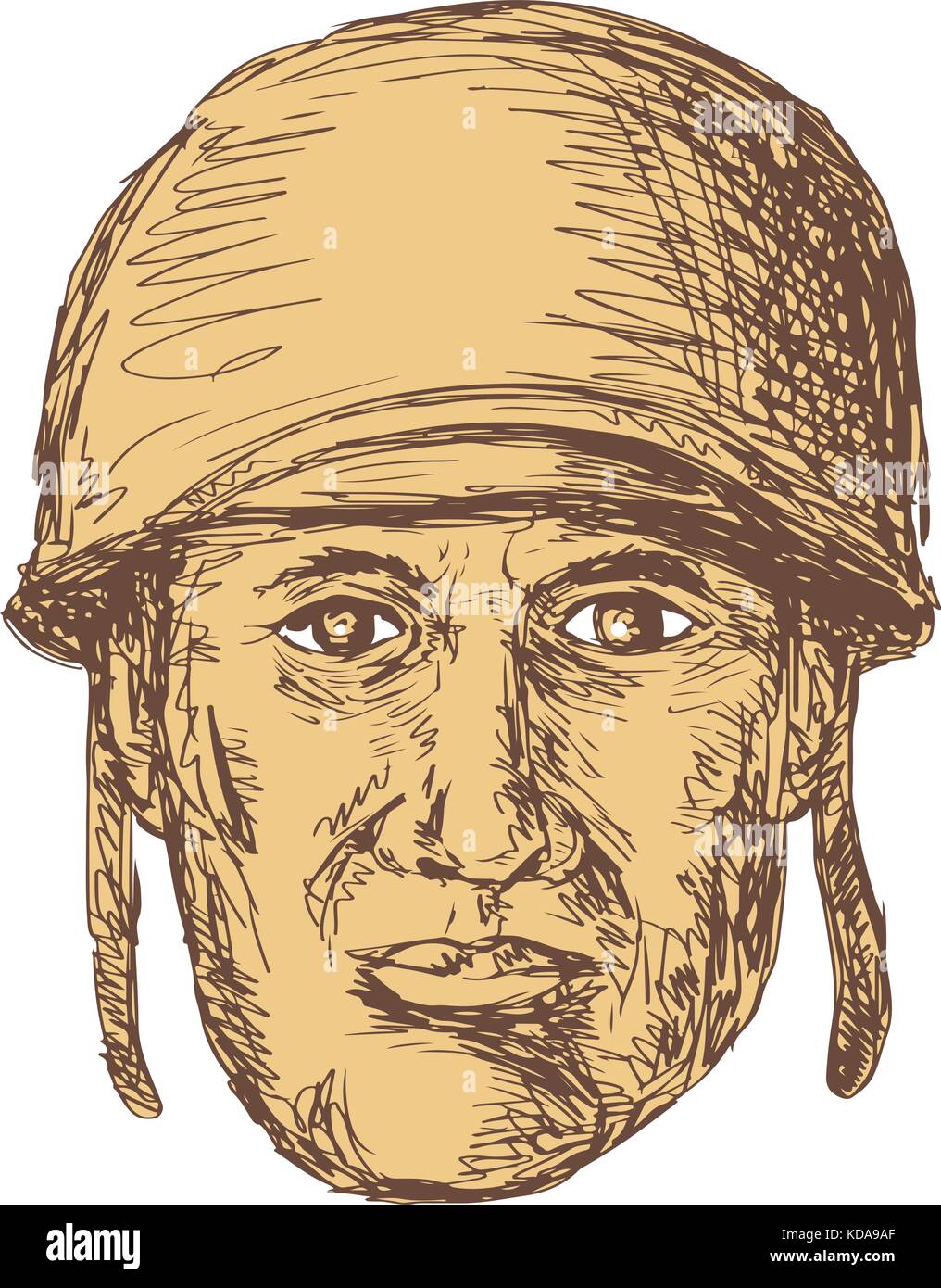 Style croquis dessin illustration d'un ww2 ou la seconde guerre mondiale, soldat américain en tête portant un casque vu de l'avant sur des arrière-plan. Illustration de Vecteur