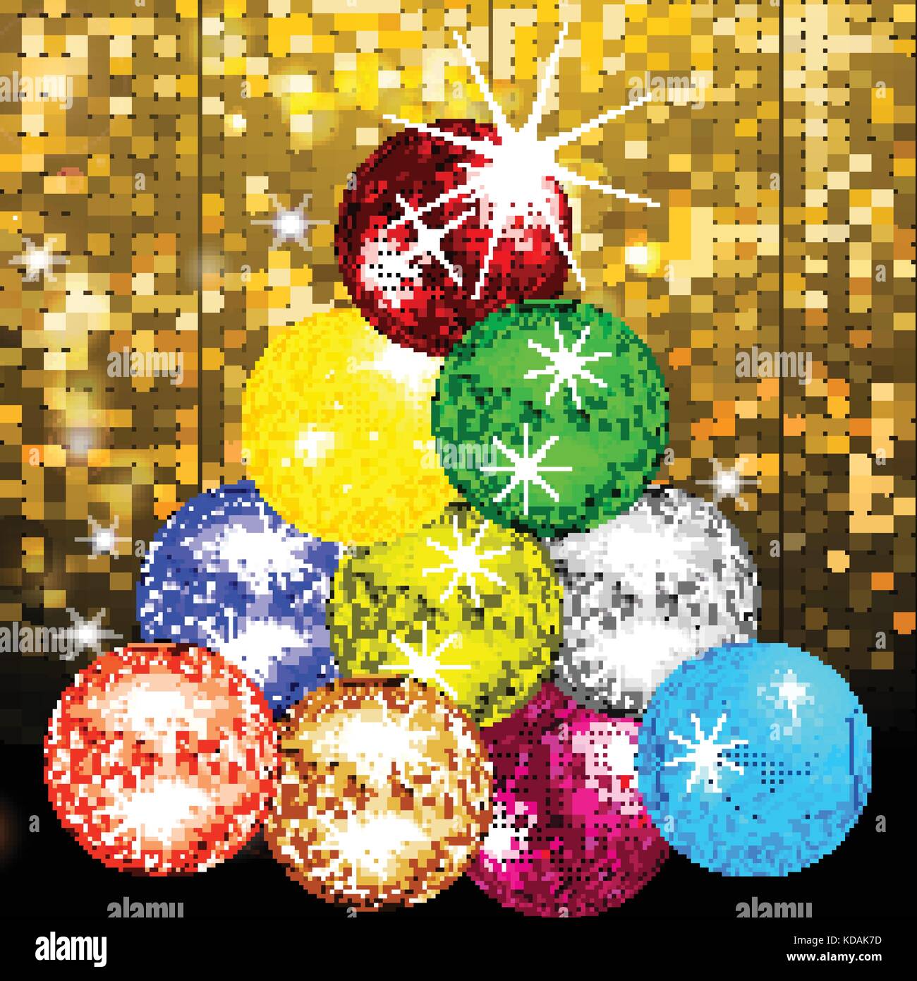 Arbre de Noël des boules avec des étoiles plus brillantes tuiles dorées background Illustration de Vecteur