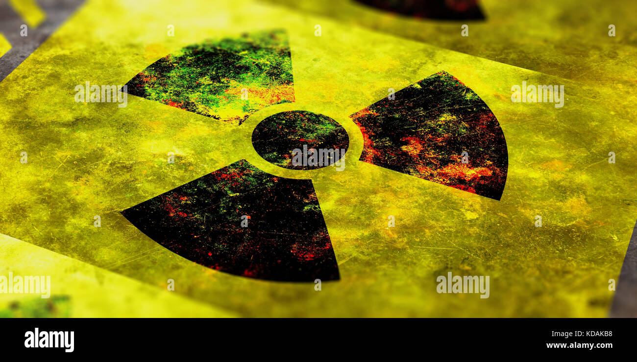 Symbole de radiation sur fond jaune, vue de dessus. illustration 3d. Banque D'Images