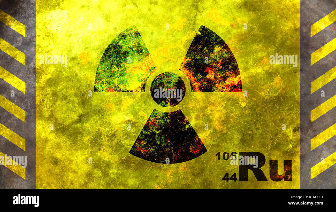 Ruthénium 106 symbole radioactif sur fond jaune. illustration 3d. Banque D'Images
