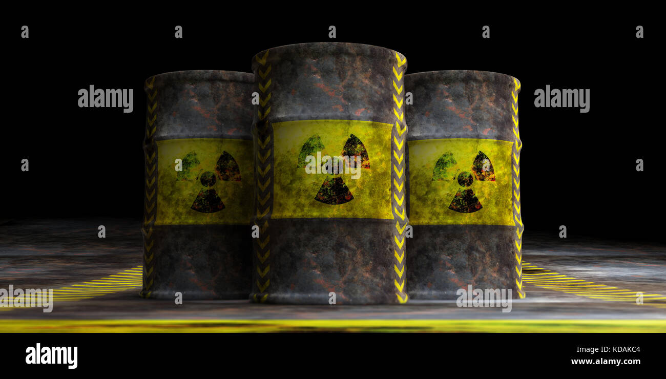 Concept de déchets toxiques. Symbole de radiation sur les barils de pétrole, fond sombre. illustration 3d. Banque D'Images