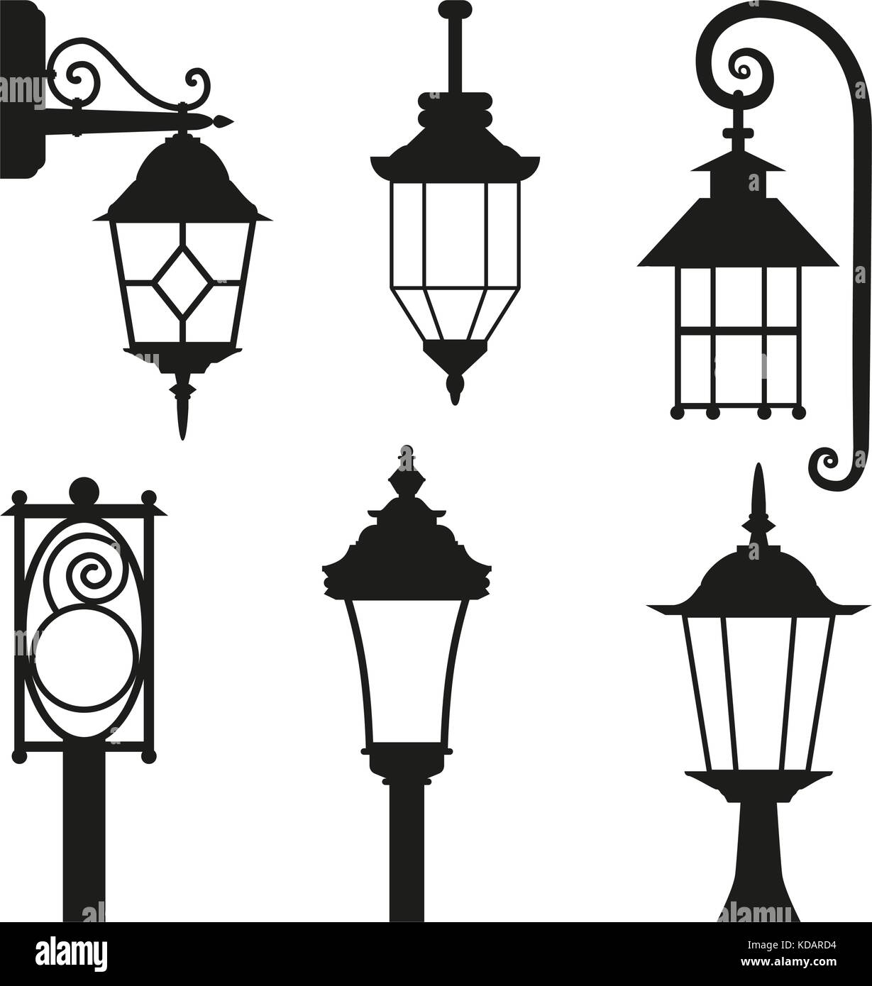 Lampe rue silhouette noire set isolé sur fond blanc. Illustration de Vecteur