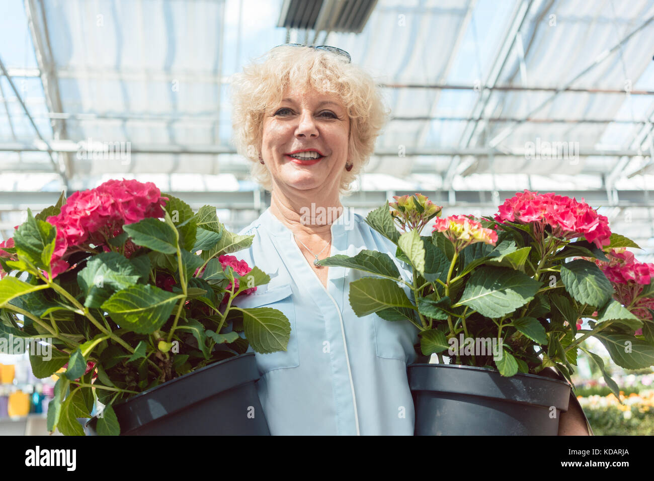 Portrait d'une active senior woman holding potted plantes ornementales Banque D'Images
