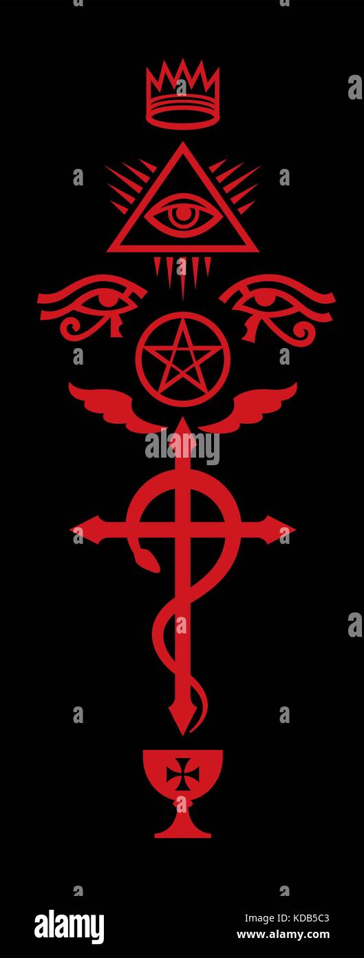 SERPENTINS DE CRUBINS : couronne, œil de Providence, Croix de serpent ailé, Pentagramme noir et Saint Graal. Signes mystiques et symboles occultes d'Illuminati. Illustration de Vecteur