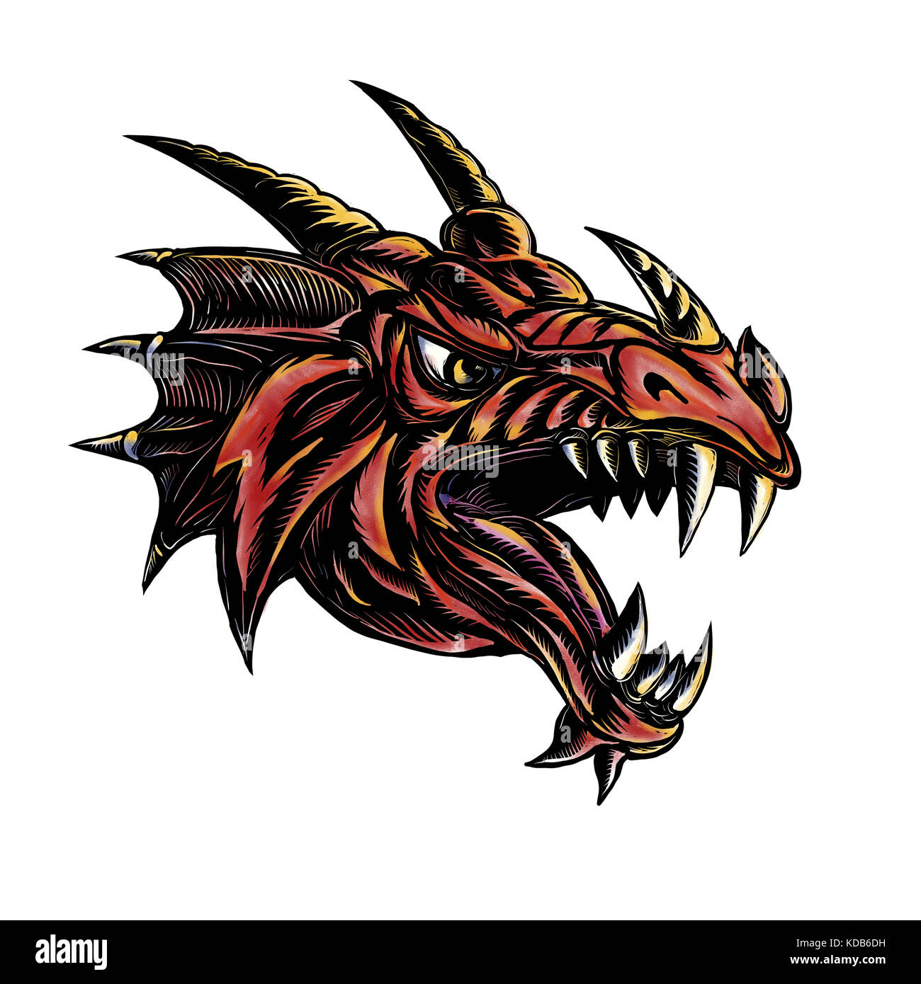 Style Scratchboard illustration d'une tête de dragon en colère vu de côté sur fond isolé. Banque D'Images