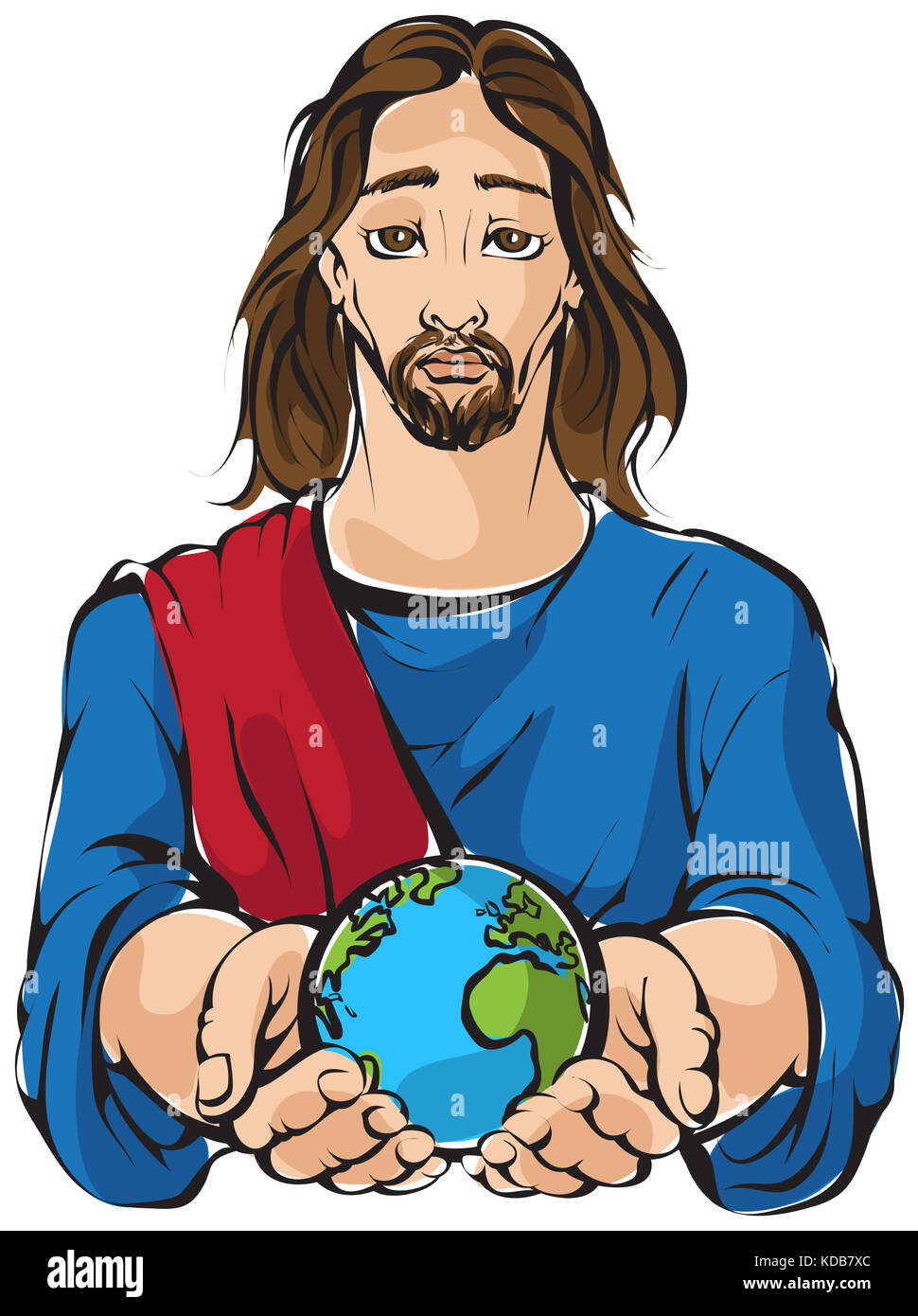 Portrait de Jésus tenant ses mains la planète Terre sur fond blanc Banque D'Images