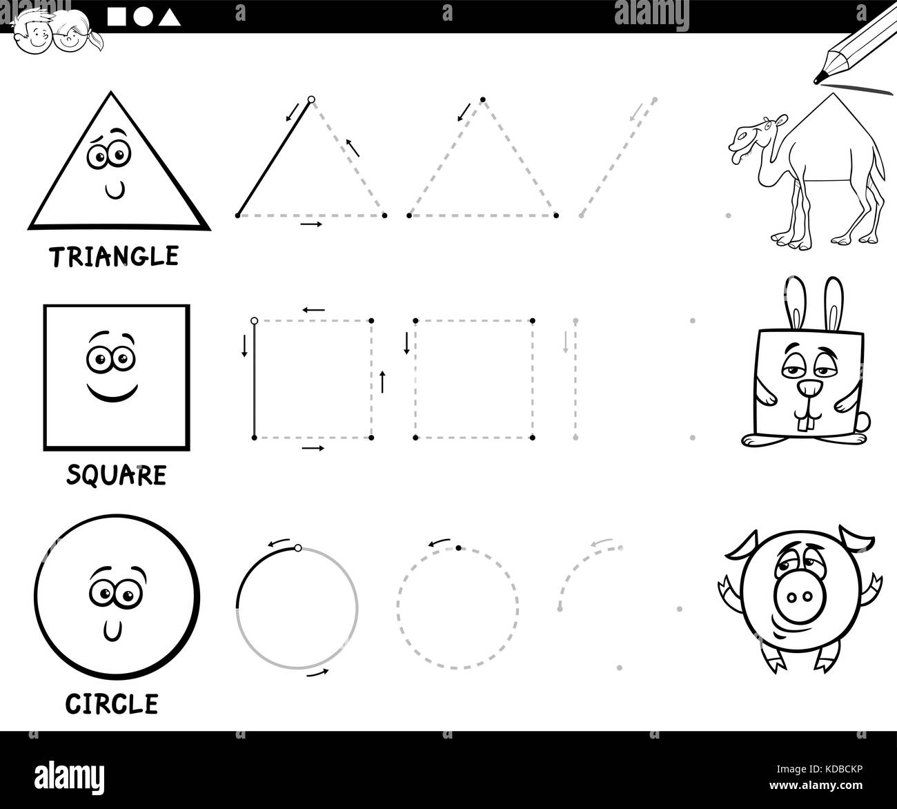 Noir et blanc dessin animé éducatif illustration d'Hexagon forme géométrique de base pour les enfants coloriages Illustration de Vecteur