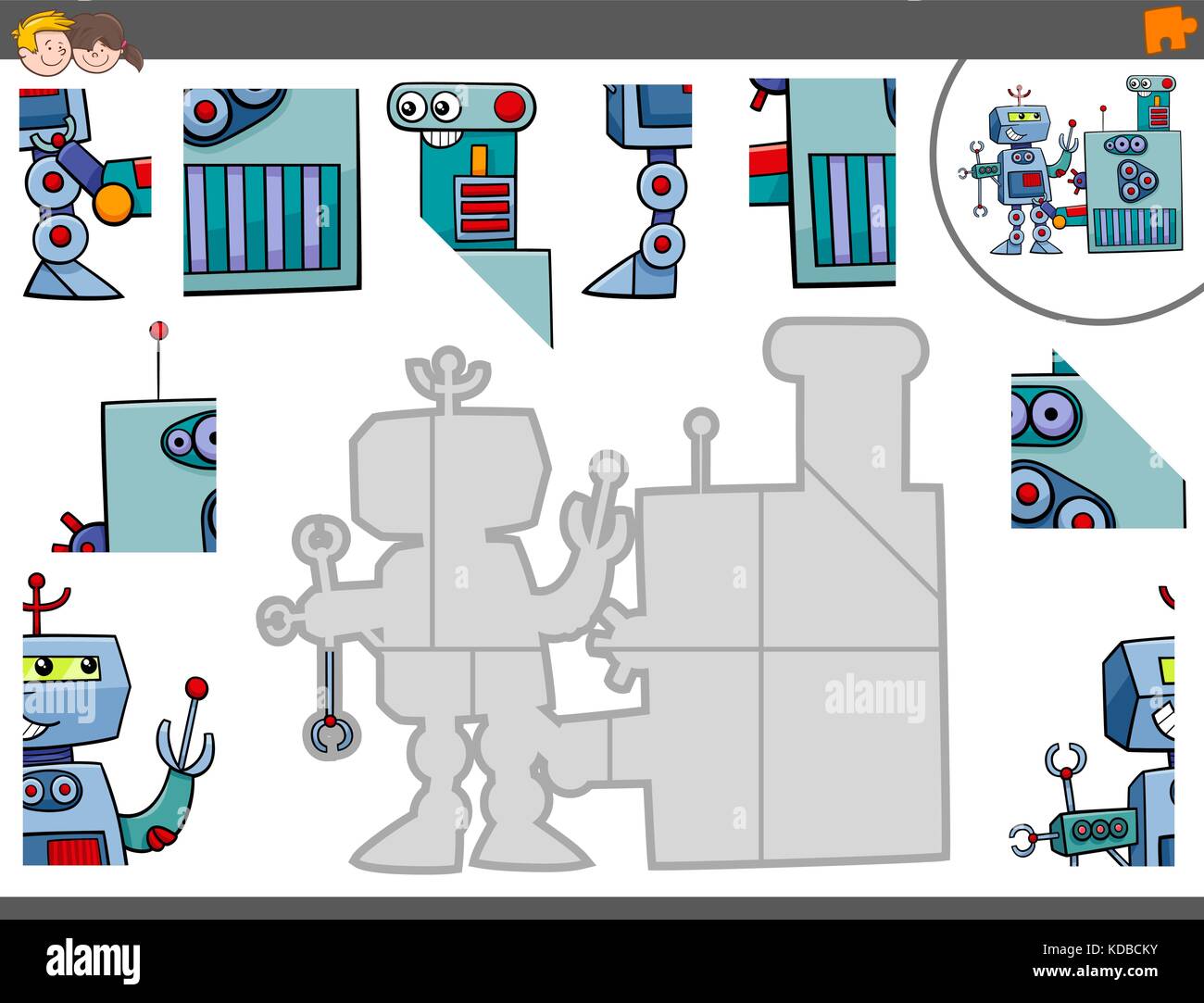 Cartoon illustration of educational puzzle jeu pour les enfants avec des personnages fantastiques robots drôle Illustration de Vecteur