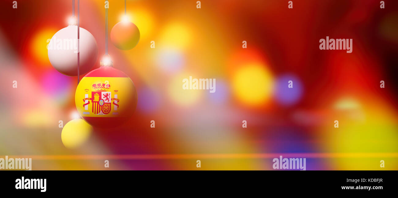 Espagne drapeau sur la boule de noël noël fond. élément de design d'angle avec bulles blanches et floues. Résumé. Banque D'Images