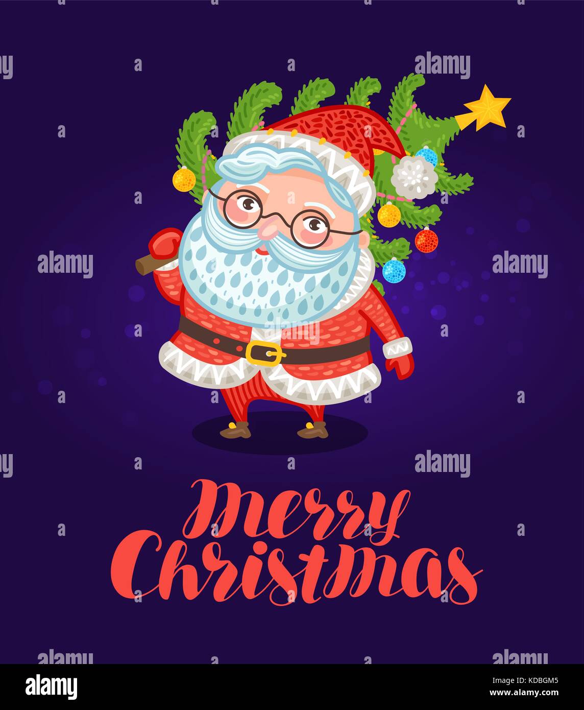Joyeux Noël, carte de voeux. Mignon Père Noël porte l'arbre de Noël avec des décorations. Illustration vectorielle festive Illustration de Vecteur