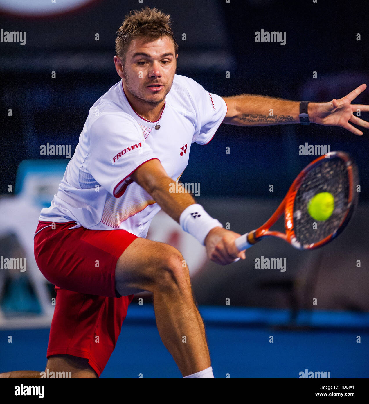 Stan Wawrinka en action contre N Djokovic à l'Open d'Australie Banque D'Images