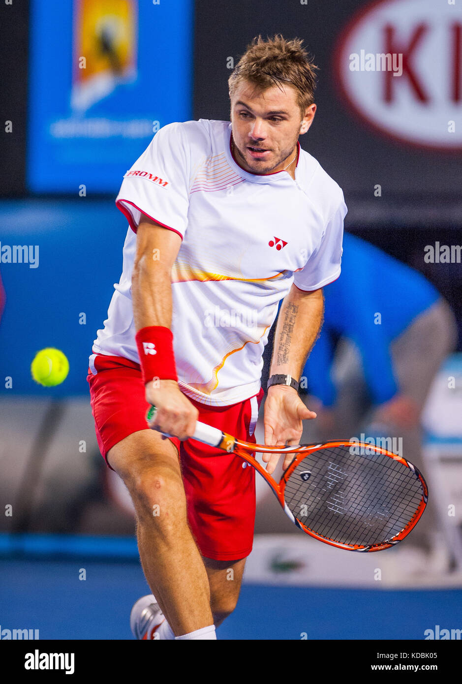 Stan Wawrinka en action contre N Djokovic à l'Open d'Australie Banque D'Images