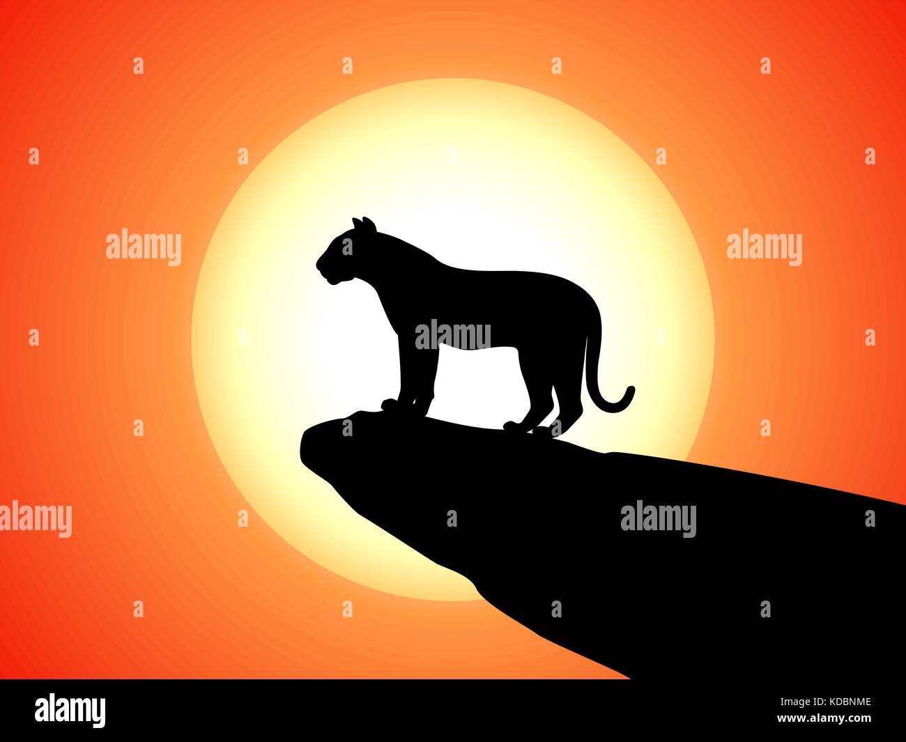 Silhouette vecteur tiger debout sur rock le coucher du soleil Illustration de Vecteur