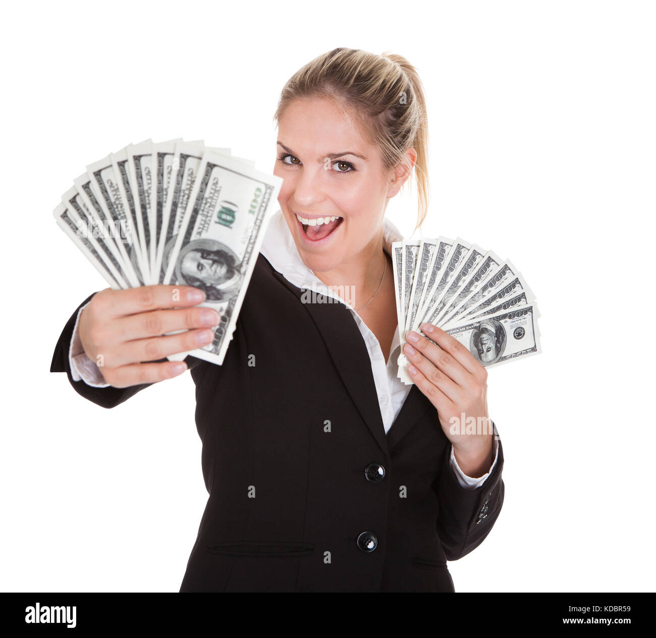 Happy businesswoman holding us dollar note sur fond blanc Banque D'Images