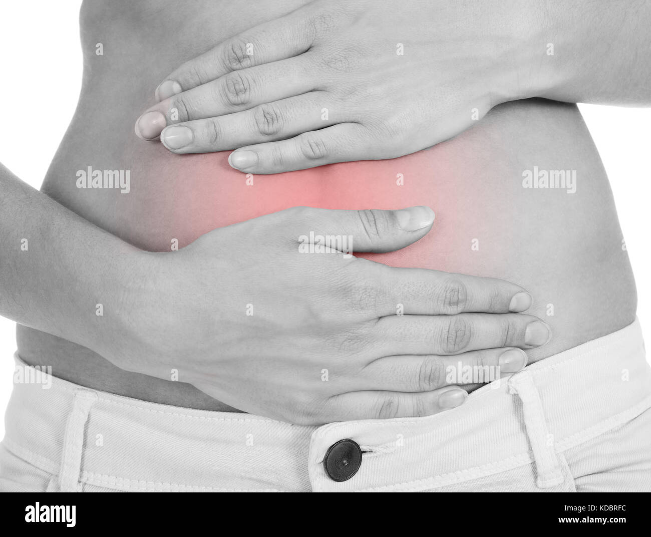 Close up of woman's hands on belly isolé sur fond blanc Banque D'Images