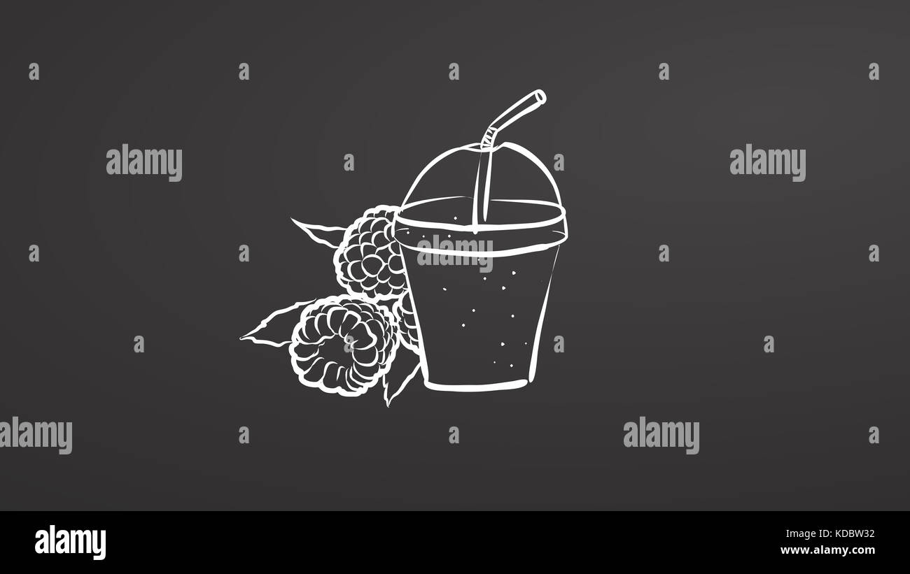 Smoothie aux framboises.Craie sur le chalkboar.Dessin d'aliments sains dessiné à la main.Dessin vectoriel noir et blanc sur tableau noir. Banque D'Images