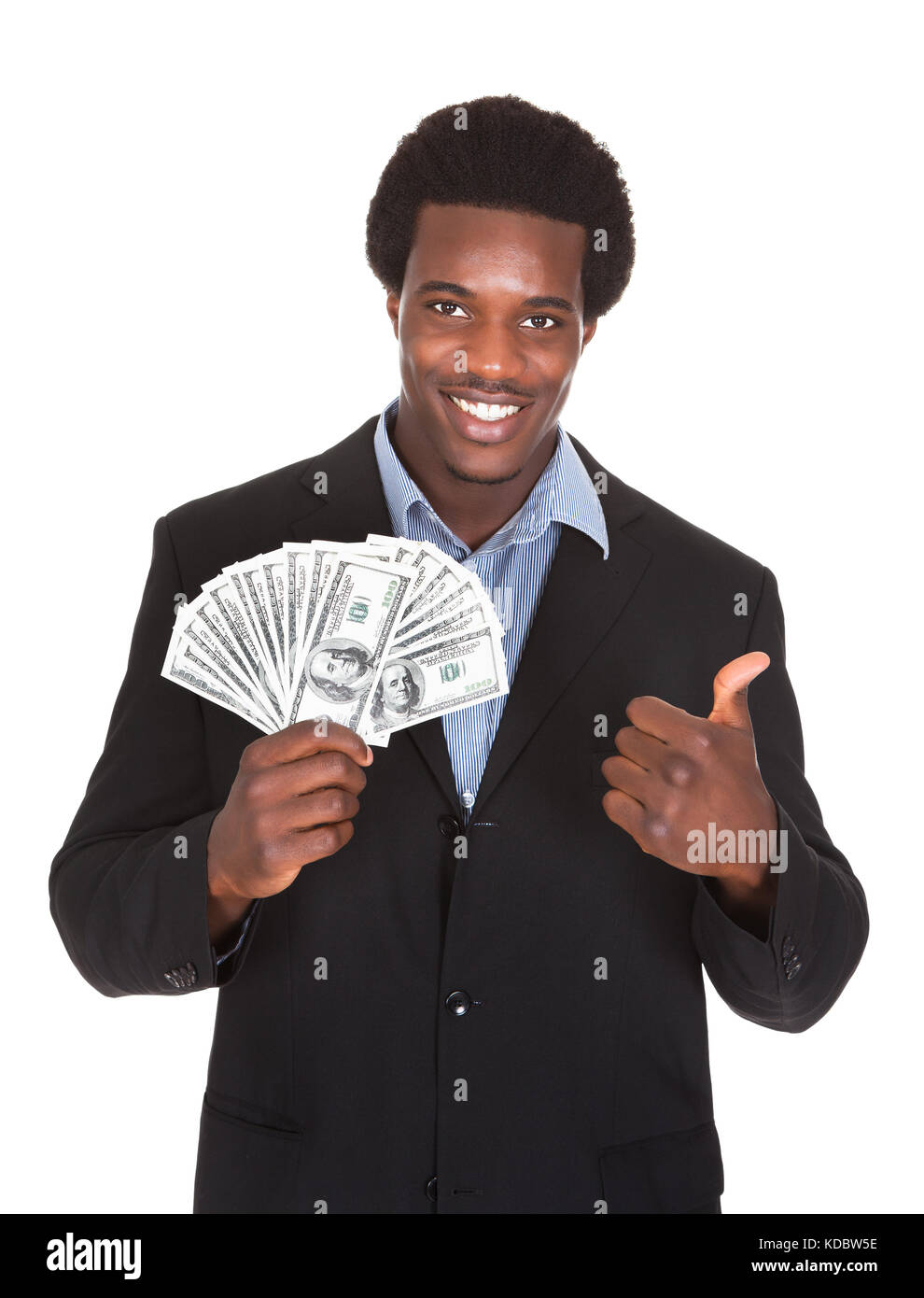 Excited Businessman Holding Devise Dollar isolé sur fond blanc Banque D'Images