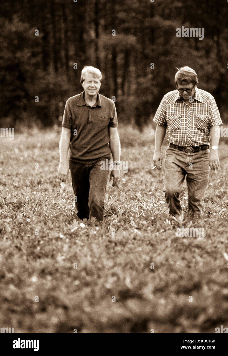 Le président Jimmy Carter et son frère Billy Carter sont rejoint par un fermier qu'ils évaluent leur récolte d'arachide d'été. Les carter propre étendues de f Banque D'Images