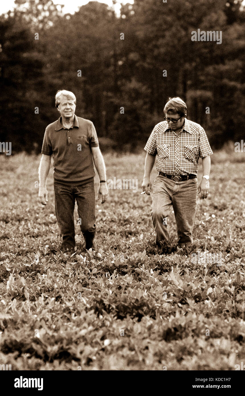 Le président Jimmy Carter et son frère Billy Carter sont rejoint par un fermier qu'ils évaluent leur récolte d'arachide d'été. Les carter propre étendues de f Banque D'Images