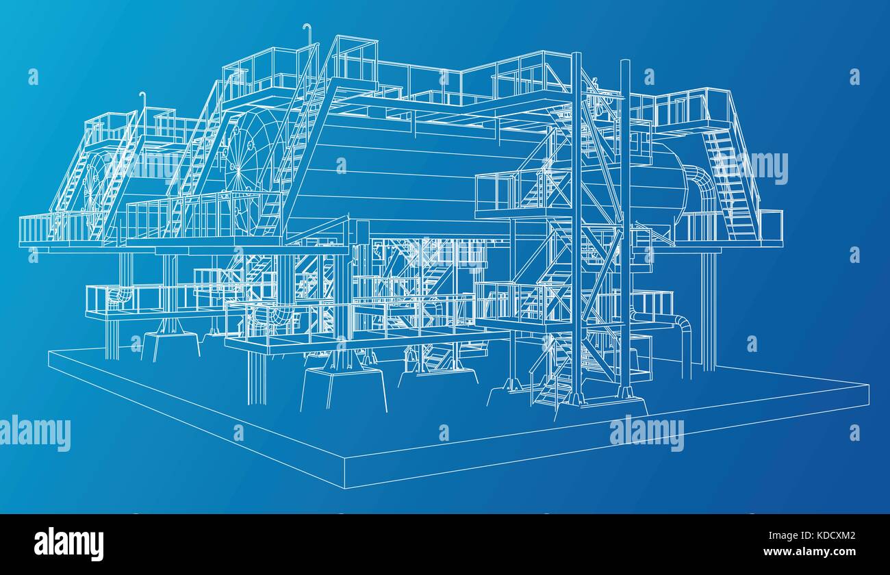 Wire-frame de l'équipement industriel du pétrole et du gaz. Illustration de Vecteur