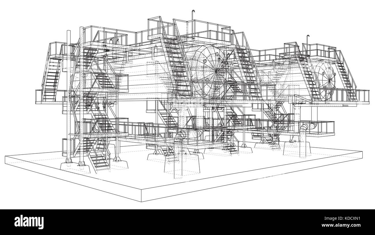 Wire-frame de l'équipement industriel du pétrole et du gaz. Illustration de Vecteur