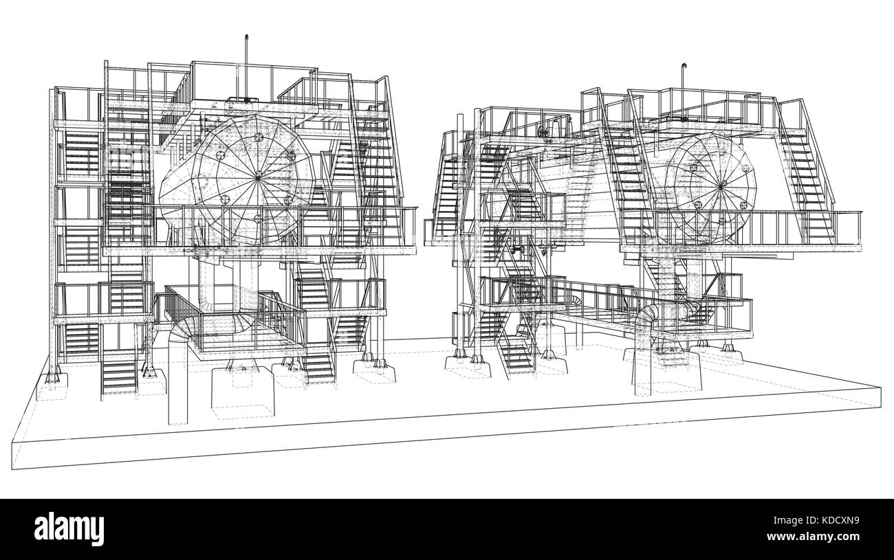 Wire-frame de l'équipement industriel du pétrole et du gaz. Illustration de Vecteur