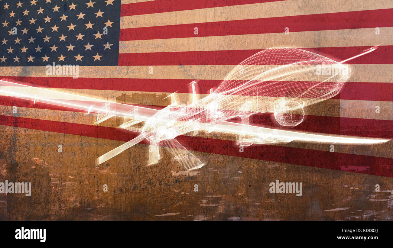 Mq-1c eagle gris drone militaire survolant ville. usa flag background Banque D'Images