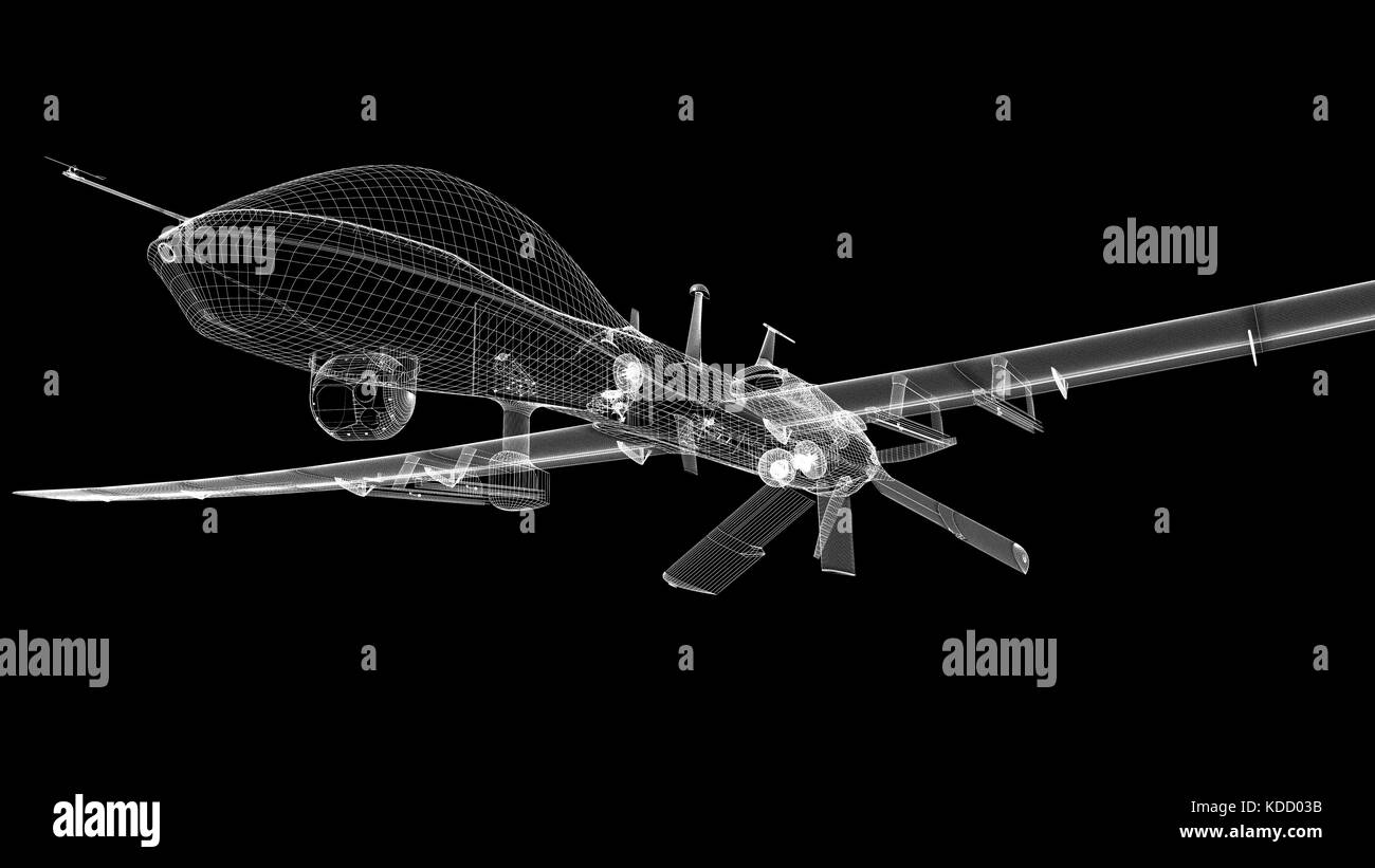 Mq-1c eagle gris drone militaire. fil 3D render. fond noir. Banque D'Images