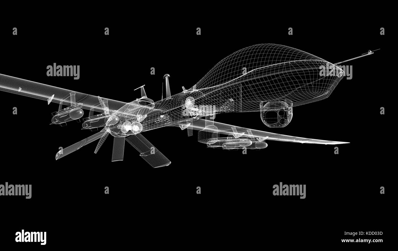 Mq-1c eagle gris drone militaire avec des missiles Hellfire. fil 3D render. fond noir. Banque D'Images