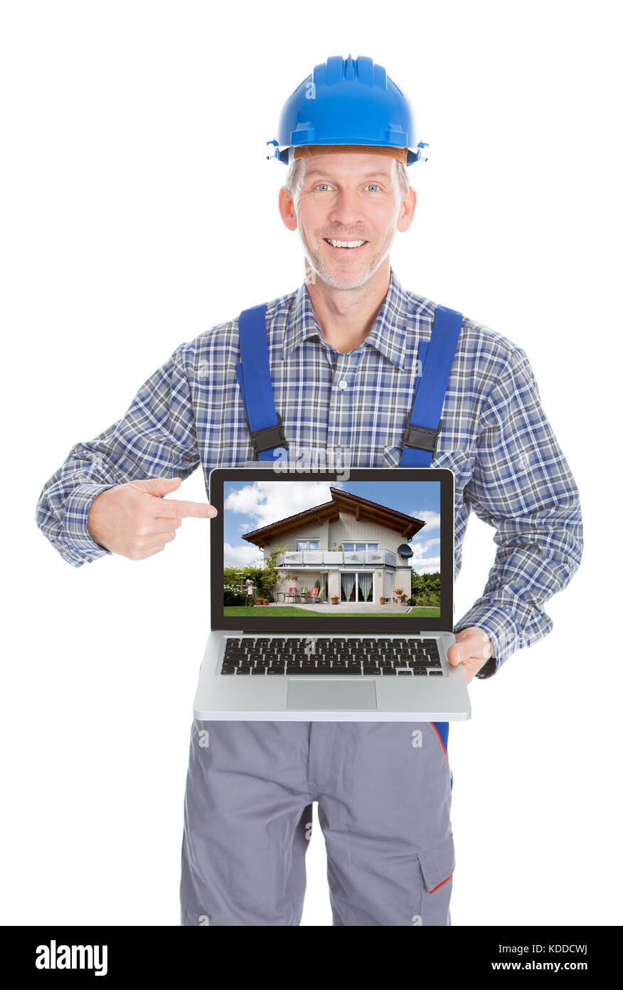 Photo montrant l'architecte de la maison sur l'ordinateur portable sur fond blanc Banque D'Images