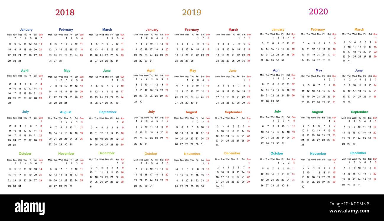 12 mois 2018-2019-2020 design calendrier imprimable et modifiable. Illustration de Vecteur