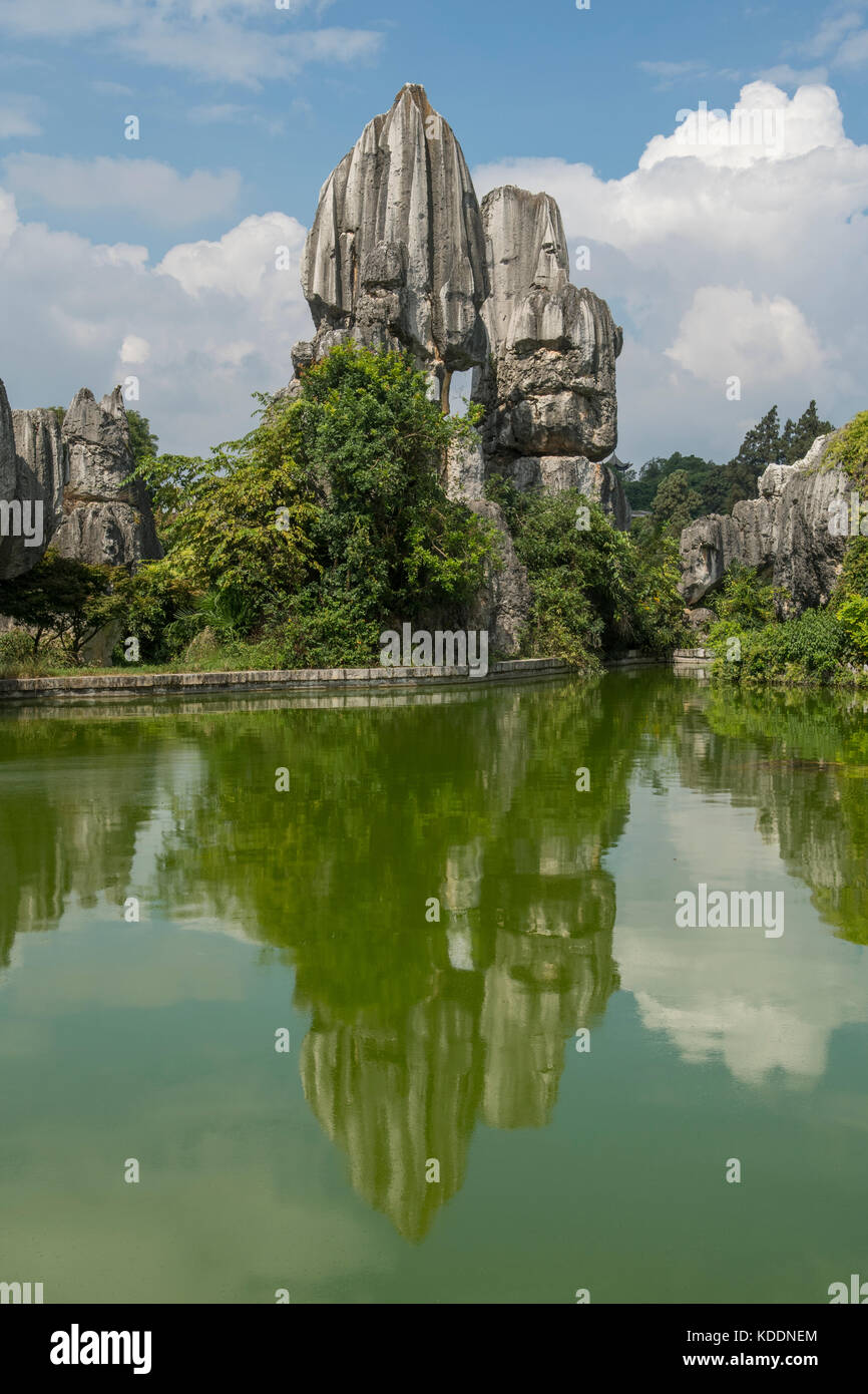 Réflexions à une plus grande forêt de pierre de Shilin,, près de Kunming, Yunnan, Chine Banque D'Images