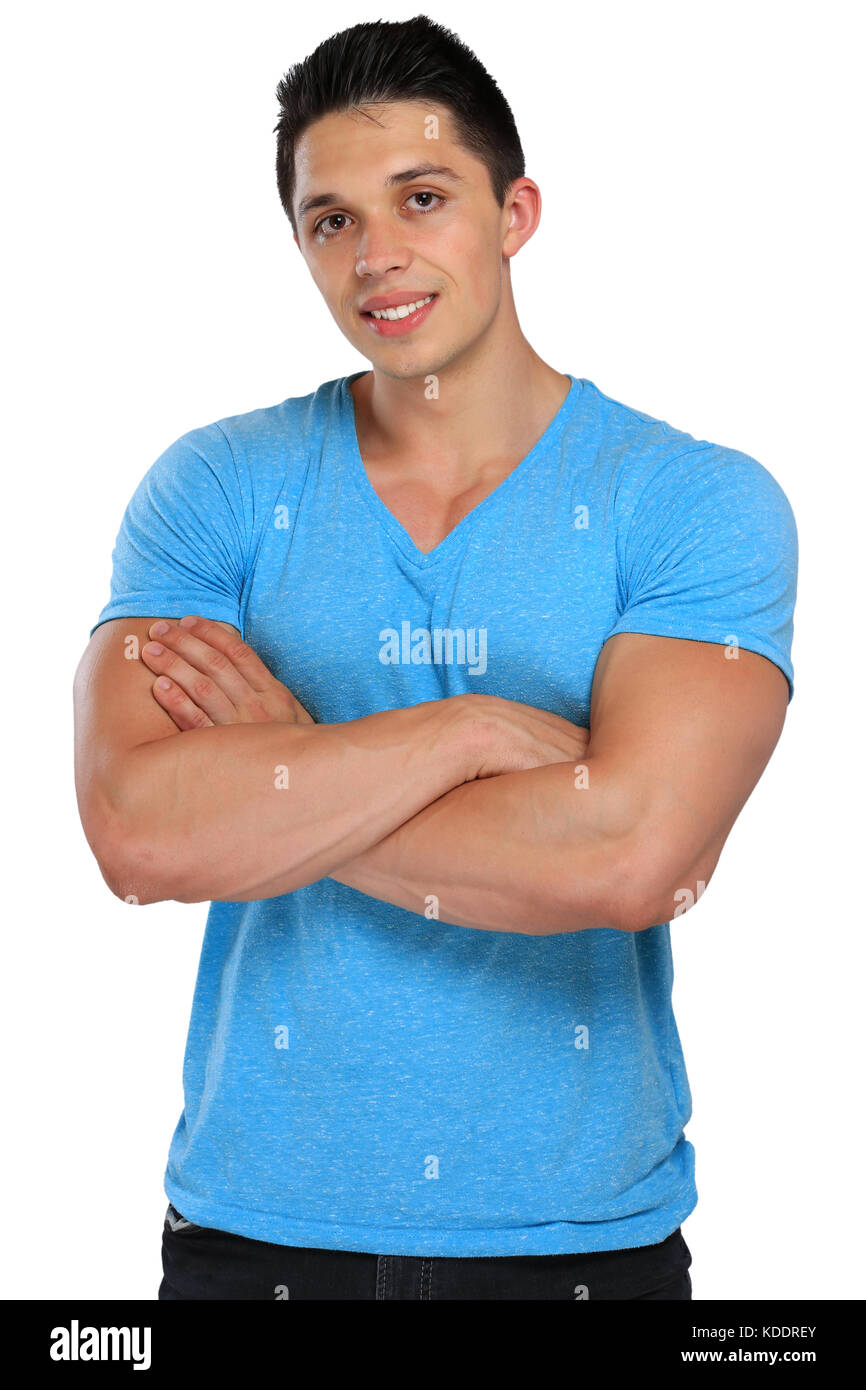 Portrait jeune homme avec bras croisés isolé sur fond blanc Banque D'Images