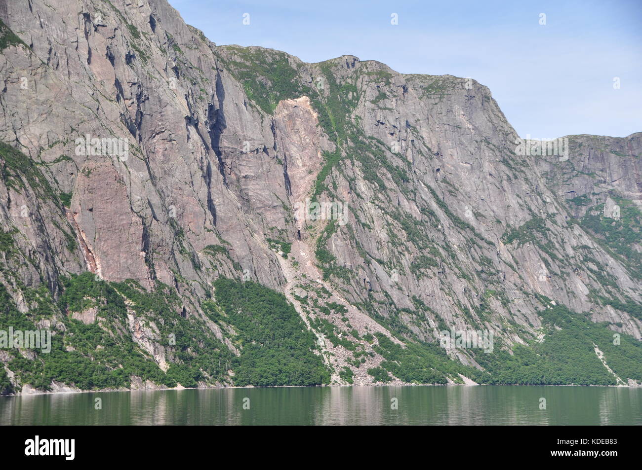 Chutes de pierres historiques le long des murs rocheux de l'étang Western Brook, un fjord d'eau douce dans le parc national du Gros-Morne, à Terre-Neuve, Canada Banque D'Images