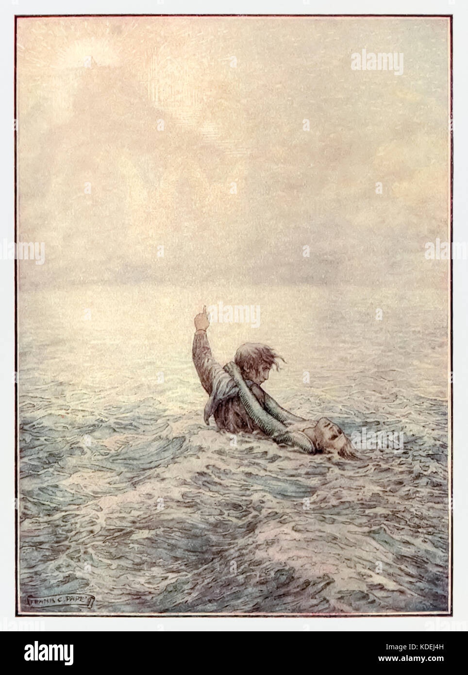 "Christian et espère franchir les eaux de la mort" de "The Pilgrim's Progress' de John Bunyan (1628-1688). Illustration par Frank C. Papé (1878-1972). Voir plus d'informations ci-dessous. Banque D'Images